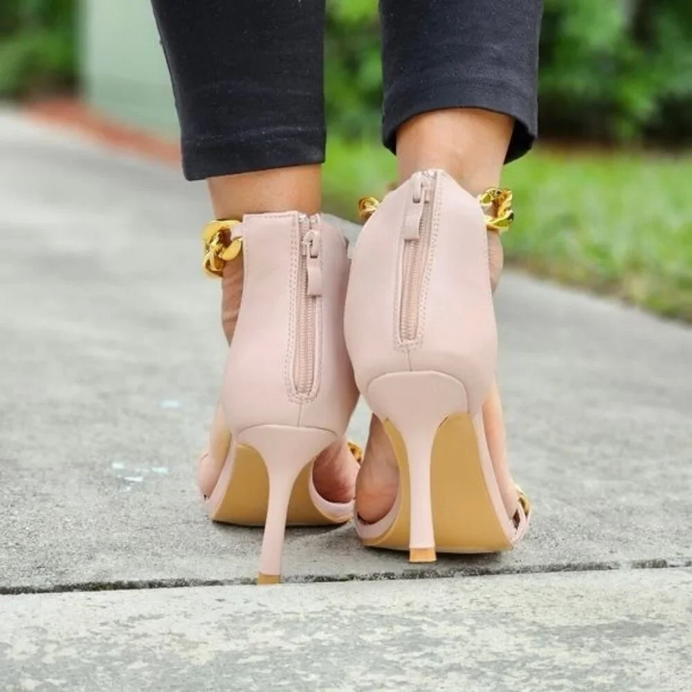 Womens Ankle Strap Heels Chains Stiletto Sandals Blush Color - Picture 4 of 5